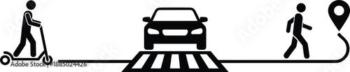 Urban street safety illustration showing scooter rider car crosswalk pedestrian and navigation location pin traffic concept design symbol.