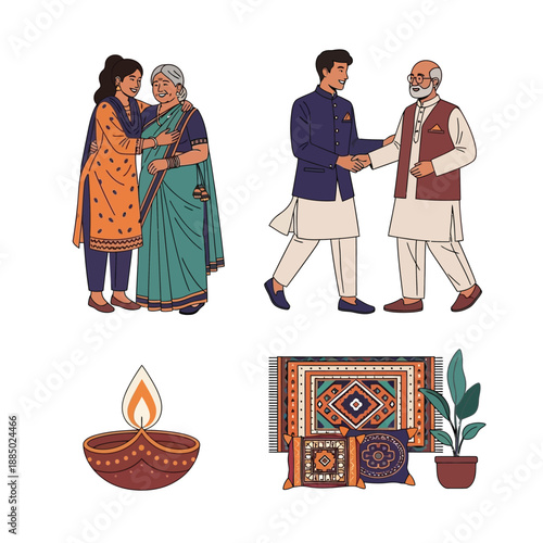 Illustrations depicting Indian cultural elements including traditional greetings, a diya lamp, and ethnic home decor items.