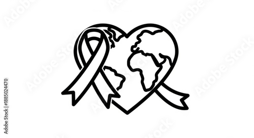 Heart shaped globe with mourning ribbon symbolizing global grief