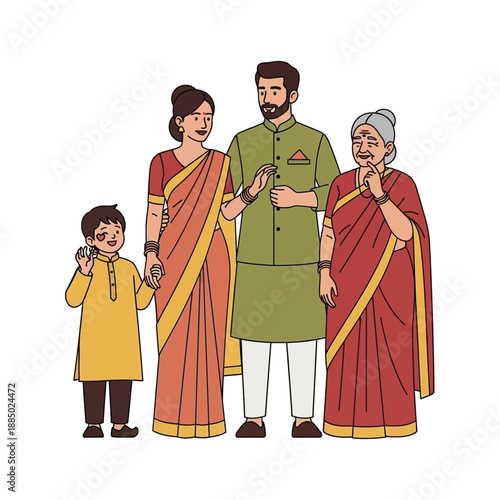 A happy Indian family portrait featuring three generations: a young boy, his parents, and his grandmother, all dressed in traditional attire.