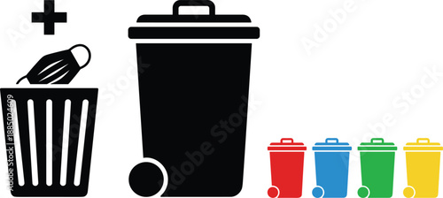 Waste disposal and recycling bin icons showing trash container sorting colorful garbage bins environmental management illustration design.