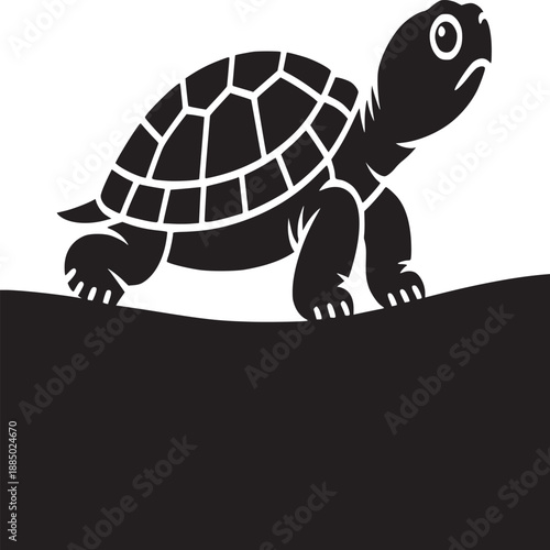 A black and white graphic of a turtle with a patterned shell on a dark surface against a white background