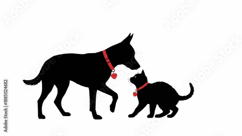 Silhouette of a dog and cat wearing collars.