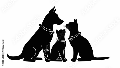 Silhouette of a dog and two cats wearing collars.