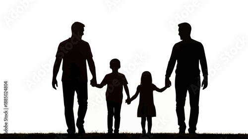 Silhouette of a happy family with two fathers and two children holding hands.