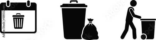 Waste management and trash disposal icons showing calendar bin garbage bag and cleaning worker environmental service illustration design.