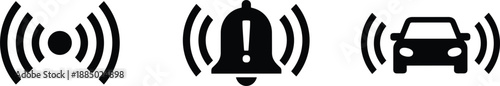 Wireless signal alert icons showing notification bell and car sensor symbols for connectivity warning detection system illustration design.