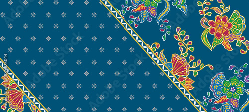 Traditional Malaysian batik pattern featuring vibrant floral motifs and elegant geometric details on a deep blue background.