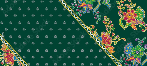 Traditional Malaysian batik pattern featuring vibrant floral motifs and elegant geometric details on a deep green background.