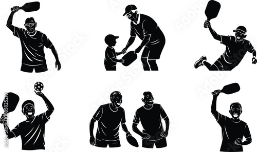 Pickleball players silhouettes showing active seniors adults and teaching moments in sport