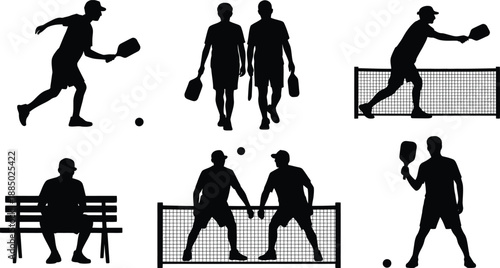 Pickleball sport players silhouettes with equipment balls and seated figure on a bench vector set