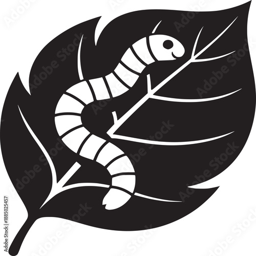 A stylized black and white image of a worm crawling on a leaf with visible leaf veins and a smiling face