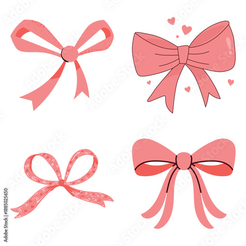 Pink ribbon bow set. Vector decorative knots and gift ties for Valentine's Day present decoration isolated on white