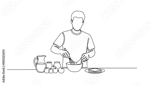 High-Quality Continuous Line Colorful Icon of Person Preparing a Healthy Breakfast