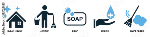 Set of cleaning icon vector for hygiene apps. Ideal for housekeeping tools, washing symbols, sanitary equipment, and domestic chore signs.