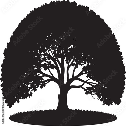 A silhouette of a tree with a rounded canopy and grass at the base on a white background art