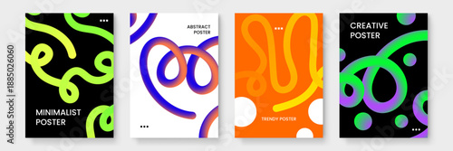 A set of professional poster designs with neon liquid lines and bold color contrasts perfect for event promotions and digital marketing