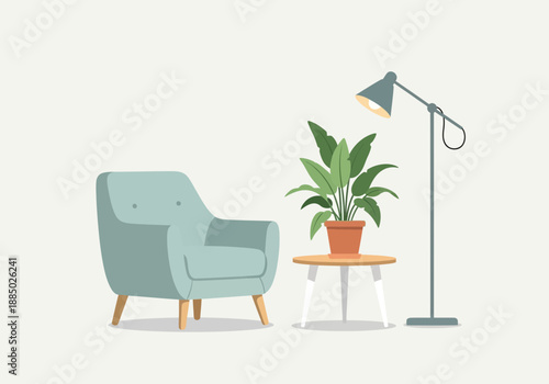 Cozy living room scene with a comfortable armchair and potted plant on a side table beside a modern floor lamp