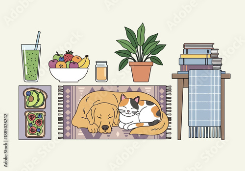 Peaceful cartoon illustration of a dog and cat resting on a blanket surrounded by food and books in a cozy home atmosphere.