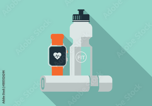 Fitness essentials including smartwatch dumbbells and water bottle for healthy lifestyle and workout routine