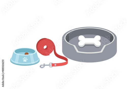Dog care essentials including food and water bowls and a red leash for pet walking and training purposes daily.