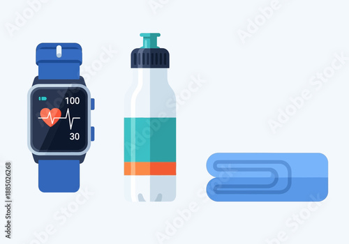 Fitness accessories including a smartwatch water bottle and fitness tracker on a plain white background for a healthy lifestyle.