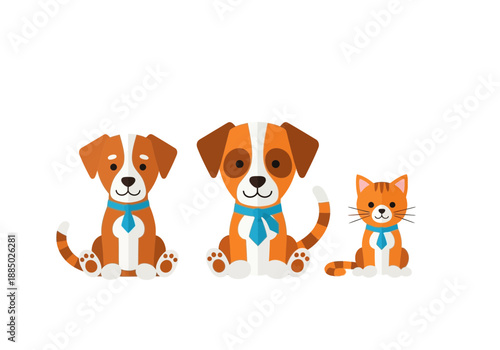 Adorable cartoon pets including two dogs and a cat sitting together wearing blue ties on a white background.