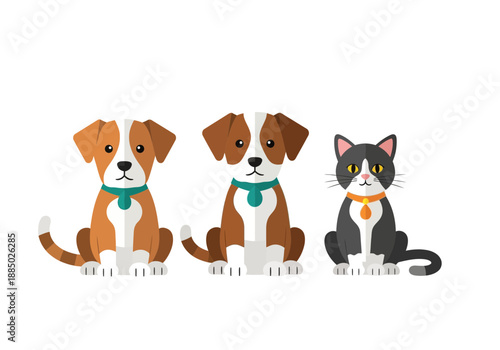 Adorable cartoon dogs and cat sitting together wearing colorful collars on a white background for pet lovers and animal enthusiasts to enjoy.
