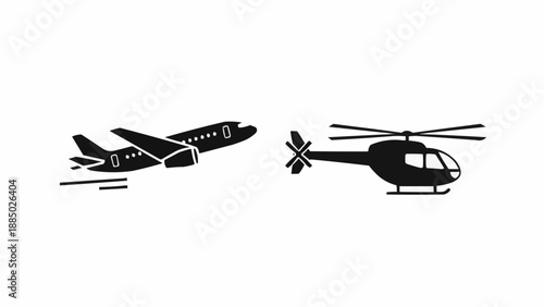 Silhouette of a jet airplane and a helicopter in flight.