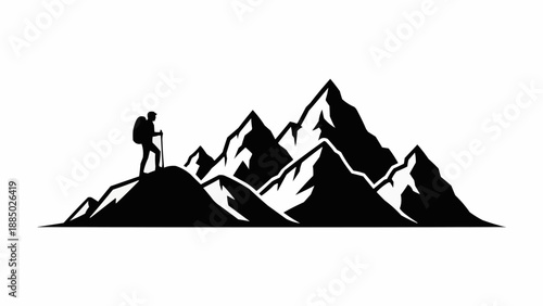 Silhouette of a hiker standing on a mountain peak with a backpack and trekking pole.