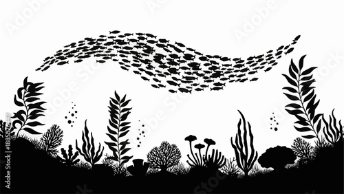Silhouette of a large school of fish swimming in a wave formation above underwater plants.