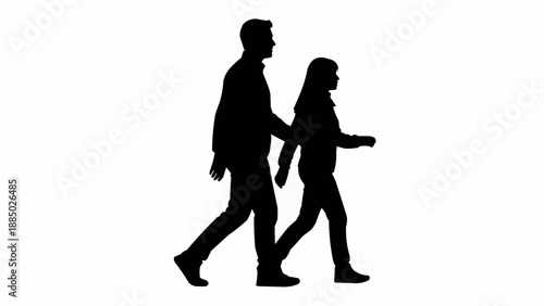 Silhouette of a man and a young girl walking together.