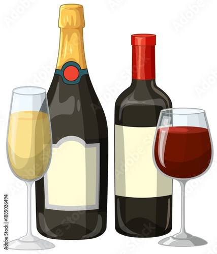 Vector Illustration of Champagne and Red Wine Bottles with Glasses