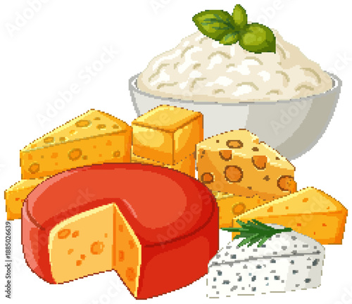 Assorted Dairy Products Including Cheese Wedges and Fresh Ricotta Bowl