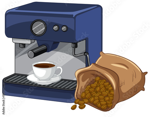 Blue Espresso Machine with Coffee Cup and Sack of Beans