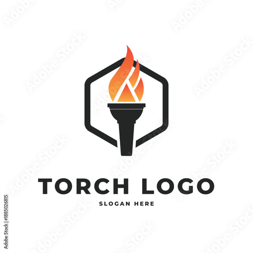 torch logo design with hexagonal frame vector design template