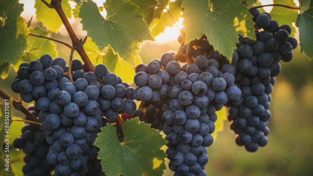 Fototapeta premium Ripe Red Grapes Hanging on the Vine in a Vineyard, Ready for Harvest with Sunlight