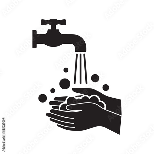 Hand Washing Icon Vector Glyph. Hands under Water Faucet Stream with Soap Bubbles. Personal Hygiene and Sanitation Symbol.
