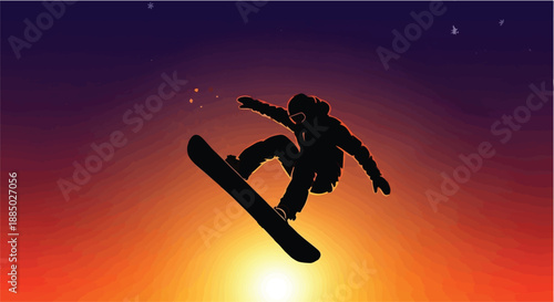 Silhouette of a snowboarder mid-air against a vibrant sunset sky