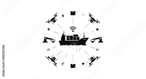 Modern cargo ship at sea, connected by drones and robots for efficient global logistics.