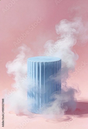 A blue cylindrical object surrounded by smoke on a pink background