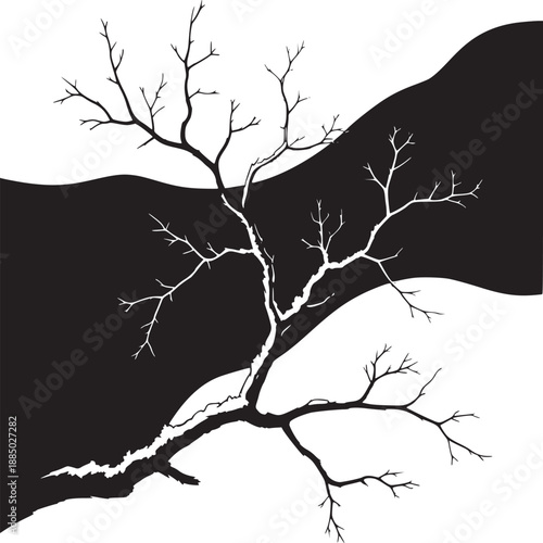 A stark tree silhouette against a contrasting black and white background with wavy separation line