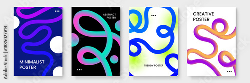 Set of creative posters featuring 3D gradient tubes and floating circles on dark and light backgrounds