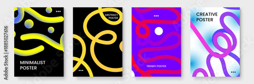 Stylish abstract poster set using thick wavy lines and strong purple and yellow color combinations for modern branding