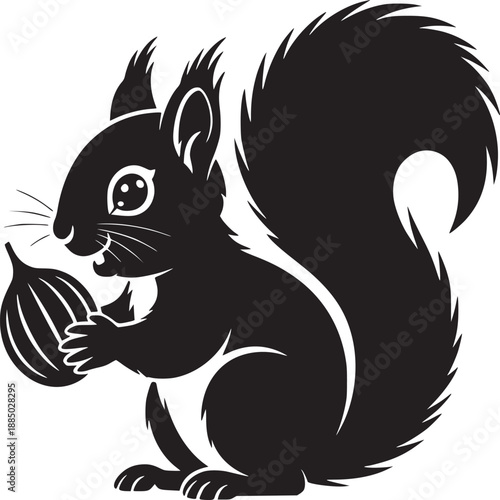 Stylized black squirrel holding an acorn with big eyes on a white background in vector style