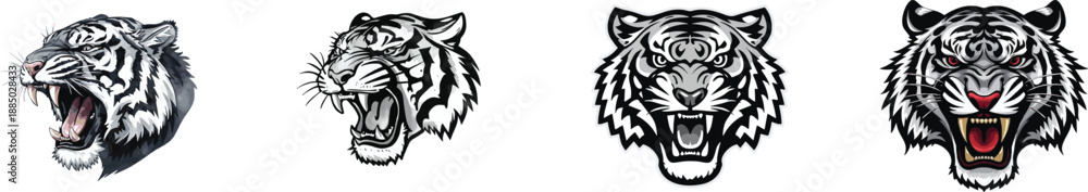 Fototapeta premium Watercolor Set Black and White Tiger Roaring Head Mascot Graphic Vector Illustration. Isolated on white background