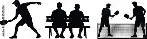 Silhouettes of pickleball players and spectators sitting on a bench vector set illustration
