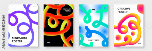 Set of abstract posters with thick organic lines and vivid orange and blue color schemes for web and print