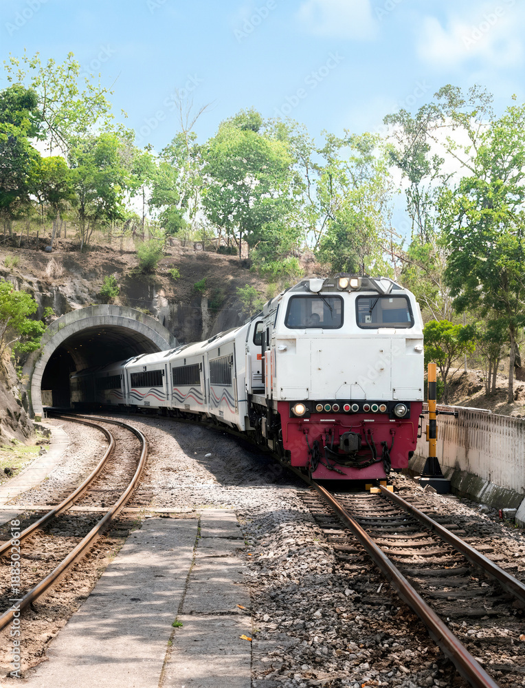 Obraz premium Perspective View of Indonesian Long Distance Passenger Train Exiting a Tunnel in a Lush Forest Area, CC206 Diesel Electric Locomotive Kereta Api Indonesia PT KAI Transportation