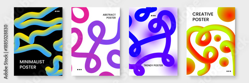 Trendy abstract poster designs using dynamic wavy lines and bright neon color transitions for digital art